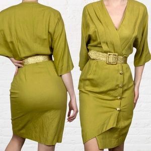 VINTAGE | 1980’s Barbara Barbara Sheen Green Linen Blend Parisian Wrap Dress